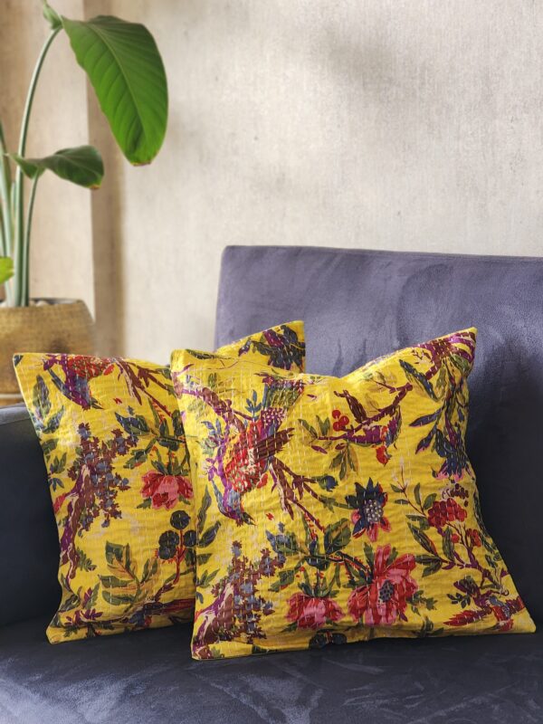 happy canary lemon yellow kantha cushion covers