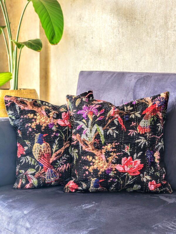 Jungle night black kantha cushion covers