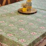 periwinkle garden green table cover with pink flowers